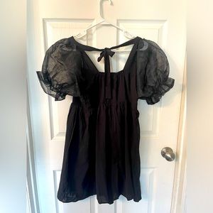 NEW SZM Black knee length cotton dress w/ gauzy transparent sleeves w/ back tie